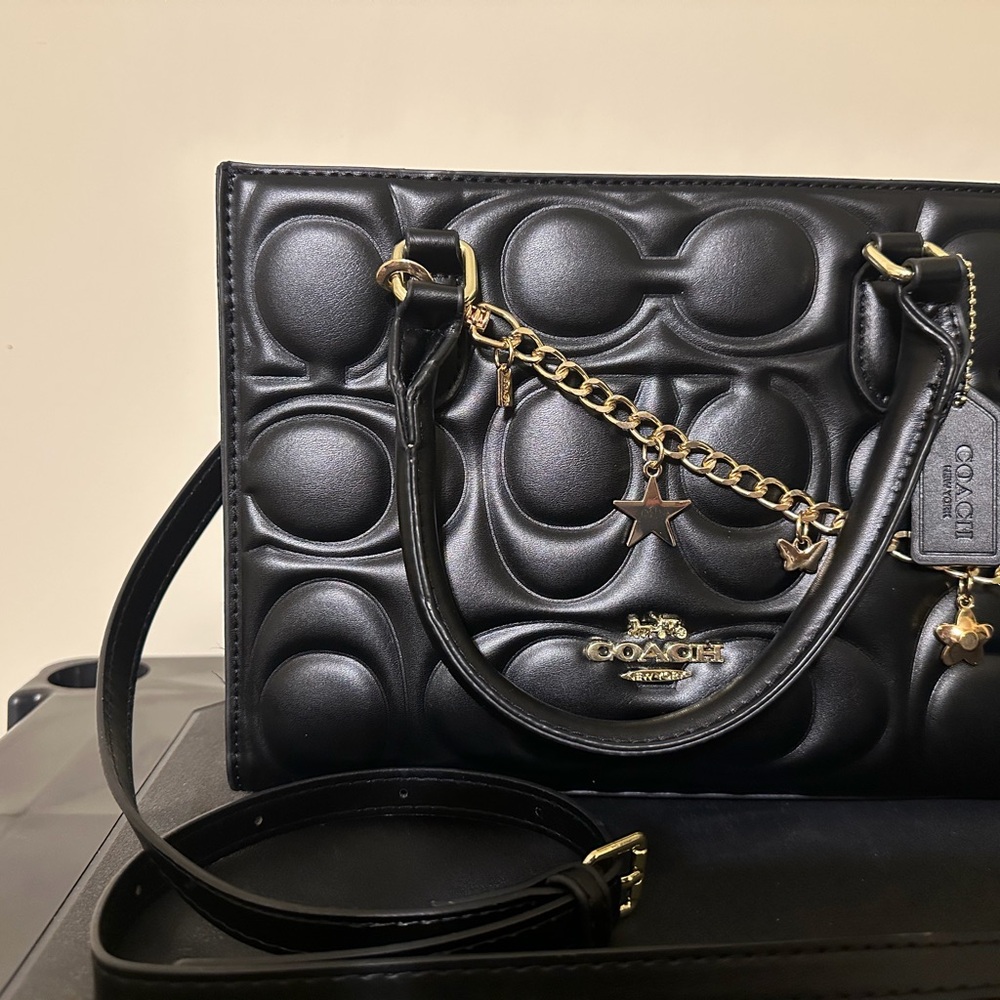 Black Quilted Leather Satchel with Gold Charm Chain